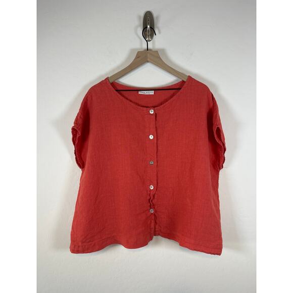Bryn Walker lagenlook Bessie 100% Linen Orange Button down Oversized Top Size L - Picture 2 of 8